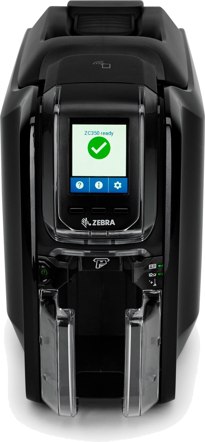 Zebra ZC350 card printer showing "ZC350 ready" on the display